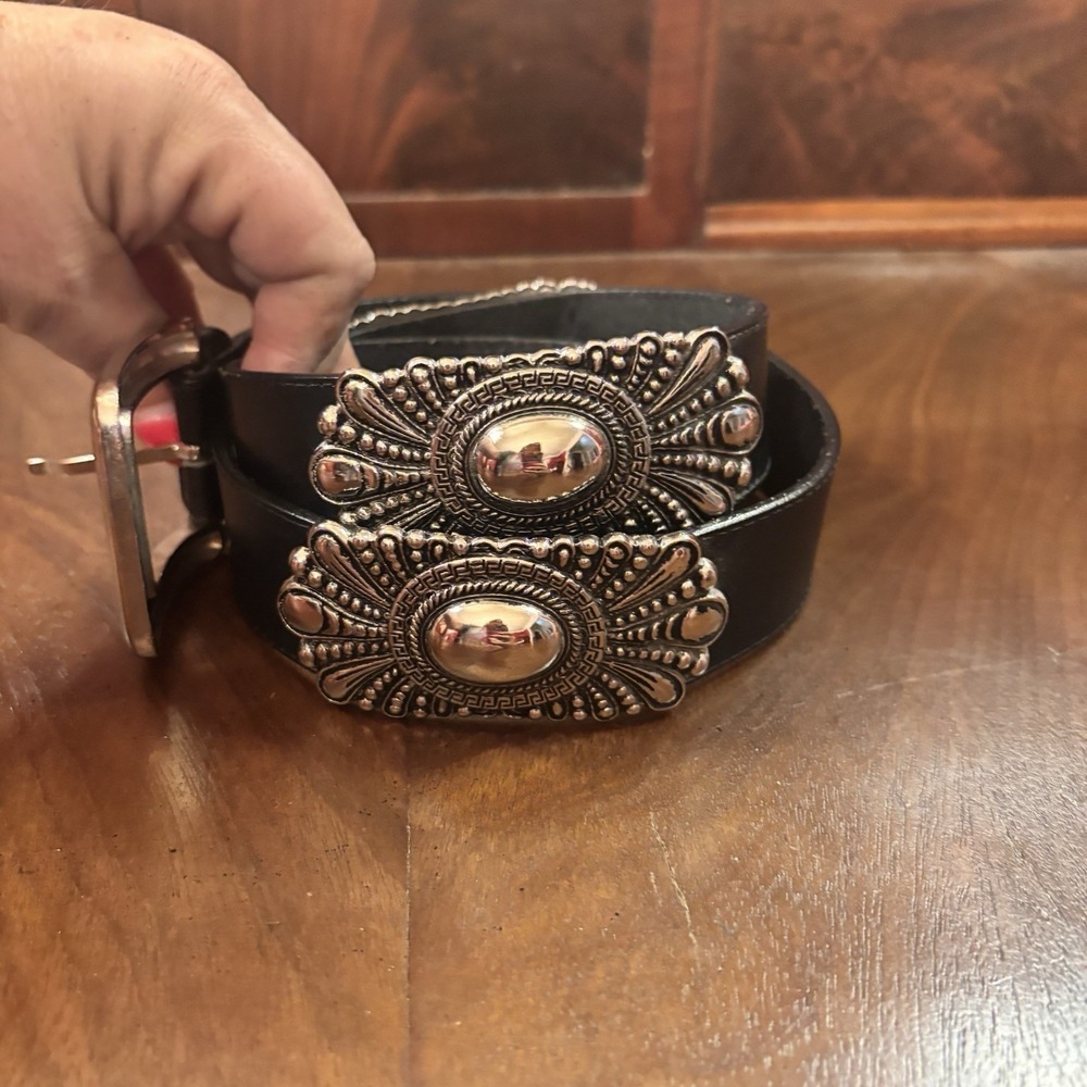 Donna Katz Leather Belt Concho Silver Tone Western Boho Black Size L 39" Vintage